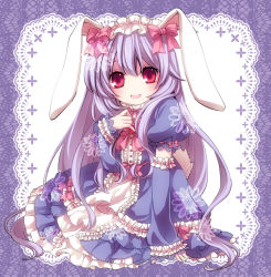 Rule 34 | 1girl, alternate costume, animal ears, arm support, brooch, rabbit ears, dress, female focus, frills, full body, jewelry, light purple hair, long hair, looking at viewer, moru, puffy sleeves, red eyes, reisen udongein inaba, sitting, smile, solo, touhou, aged down