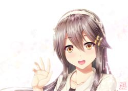 Rule 34 | 1girl, :d, brown eyes, close-up, commentary request, grey hair, hair between eyes, hair ornament, hairband, hairclip, haruna (kancolle), kantai collection, long hair, looking at viewer, open mouth, smile, solo, takasaki ryou, waving arm, white hairband