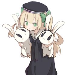 Rule 34 | 1girl, absurdres, black dress, blonde hair, dress, green eyes, hat, highres, long hair, hugging object, original, paryi, ribbon, simple background, solo, stuffed toy, two side up, white background