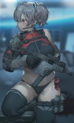 Rule 34 | 1girl, absurdres, ammunition belt, arm warmers, bare shoulders, black gloves, black thighhighs, blurry, breasts, candy, commentary, crop top, depth of field, detached sleeves, explosive, food, free style (yohan1754), gloves, grenade, gun, hair between eyes, highres, holding, holding gun, holding weapon, killing floor, killing floor 2, large breasts, lollipop, looking to the side, midriff, monitor, mouth hold, red eyes, shiny skin, short twintails, silver hair, single bare shoulder, solo, standing, standing on one leg, stomach, thigh strap, thighhighs, thighs, twintails, weapon