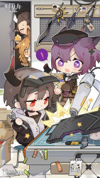 Rule 34 | !, 1boy, 3girls, angelina (arknights), anger vein, animal ears, arknights, blueprint (object), cameo, ceobe (arknights), ch&#039;en (arknights), chibi, cow boy, cow ears, cow girl, cow horns, dog ears, dog girl, dur-nar (arknights), english text, fox ears, fox girl, hammer, highres, horns, matterhorn (arknights), multiple girls, official art, repairing, saria (arknights), shield, speech bubble, staff, sticky note, surprised, sword, thorns (arknights), vulcan (arknights), weapon, workshop, wrench