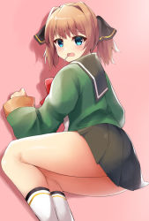 Rule 34 | 1girl, black ribbon, blue eyes, bow, bowtie, brown hair, candy, cowboy shot, feet out of frame, food, green jacket, green skirt, hachijou (kancolle), hair ribbon, highres, jacket, kantai collection, kneehighs, lollipop, long sleeves, looking at viewer, lying, mibo91c, mouth hold, on side, pink background, pleated skirt, red bow, red bowtie, ribbon, sailor collar, short hair, simple background, skirt, socks, solo, standing, wavy mouth