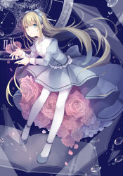 Rule 34 | 1girl, alice (alice in wonderland), alice in wonderland, black footwear, blonde hair, blue ribbon, blue shirt, blue skirt, book, bubble, buttons, clock, collar, commentary request, floating hair, flower, frilled shirt collar, frills, full body, green eyes, hairband, heart, highres, jigsaw puzzle, juliet sleeves, kuroi (liar-player), leaning forward, long hair, long skirt, long sleeves, looking at viewer, mary janes, open book, original, pantyhose, parted lips, pink flower, pink rose, puffy sleeves, puzzle, ribbon, roman numeral, rose, shirt, shoes, sidelocks, skirt, solo, twitter username, very long hair, white collar, white pantyhose