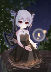 Rule 34 | 1girl, :o, absurdres, black dress, black ribbon, bronya zaychik, bronya zaychik (black nucleus), bug, butterfly, butterfly wings, collarbone, dress, drill hair, fufumi, hair ribbon, highres, honkai (series), honkai impact 3rd, insect, insect wings, jewelry, long hair, looking at viewer, necklace, night, outdoors, partially submerged, red eyes, ribbon, silver hair, solo, star (symbol), star necklace, strapless, strapless dress, twin drills, wading, water, wings, wrist ribbon