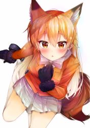 Rule 34 | 10s, 1girl, animal ears, black gloves, blonde hair, blush, bow, bowtie, commentary request, dot nose, ezo red fox (kemono friends), fox ears, fox tail, from above, fur trim, gloves, hair between eyes, highres, jacket, kemono friends, long hair, long sleeves, looking at viewer, looking up, multicolored hair, open mouth, pleated skirt, rouka (akatyann), simple background, sitting, skirt, solo, tail, tsurime, yellow eyes, yokozuwari