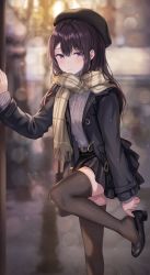 Rule 34 | 1girl, absurdres, bad id, bad pixiv id, beret, black footwear, black hair, black hat, black jacket, black skirt, black thighhighs, blush, brown thighhighs, closed mouth, commentary request, hat, high heels, highres, huge filesize, jacket, jewelry, loafers, long hair, long sleeves, looking at viewer, miniskirt, necklace, open clothes, open jacket, original, outdoors, pleated skirt, purple eyes, scarf, shoes, skirt, sleeves past wrists, snowing, solo, sweat, thighhighs, tokkyu, winter clothes, zettai ryouiki