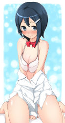 Rule 34 | 1girl, bad id, bad pixiv id, between thighs, blue eyes, blue hair, blush, bow, bra, breasts, breasts squeezed together, cleavage, dress shirt, female focus, gradient background, hair ornament, hairclip, idolmaster, kazuto san, lingerie, matching hair/eyes, mizutani eri, open clothes, open shirt, shirt, short hair, sitting, small breasts, smile, solo, thighs, underwear, undressing, wariza