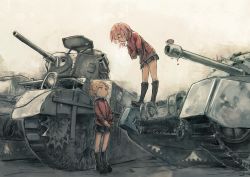 Rule 34 | 10s, 2girls, black footwear, boots, braid, commentary request, crusader (tank), cup, emblem, girls und panzer, jacket, long sleeves, matilda (tank), military, military vehicle, miniskirt, motor vehicle, multiple girls, orange hair, orange pekoe (girls und panzer), pleated skirt, red hair, red jacket, rosehip (girls und panzer), short hair, skirt, spilling, st. gloriana&#039;s (emblem), st. gloriana&#039;s military uniform, tank, teacup, yasushi