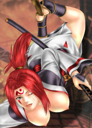 Rule 34 | 1girl, arc system works, baiken, breasts, brown eyes, cleavage, guilty gear, guilty gear xx, highres, japanese clothes, katana, large breasts, long hair, nipples, non-web source, one-eyed, ponytail, red hair, scar, scar across eye, scar on face, solo, sword, tattoo, toten (der fuhrer), weapon