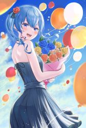 Rule 34 | 1girl, ahoge, alternate costume, asymmetrical hair, balloon, blue dress, blue hair, blue sky, blush, boku no edamame, bouquet, breasts, cloud, cloudy sky, commentary, cowboy shot, day, dress, english commentary, eyelashes, flower, from side, hair between eyes, hair flower, hair ornament, hair ribbon, highres, holding, holding bouquet, hololive, hoshimachi suisei, light blue hair, looking at viewer, medium breasts, medium hair, milestone celebration, mixed-language commentary, open mouth, outdoors, ribbon, side ponytail, sky, sleeveless, sleeveless dress, smile, solo, star (symbol), star in eye, strapless, strapless dress, symbol in eye, virtual youtuber