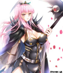 Rule 34 | 1girl, black nails, breasts, cleavage, cloak, cowboy shot, highres, holding, holding scythe, hololive, hololive english, large breasts, long hair, looking at viewer, mori calliope, nail polish, pink eyes, pink hair, scythe, shoulder spikes, smile, solo, spikes, tiara, veil, virtual youtuber, wpdh4443