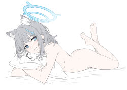 Rule 34 | 1girl, absurdres, animal ear fluff, animal ears, ass, barefoot, bed sheet, blue archive, blue eyes, blush, breasts, completely nude, cross hair ornament, crossed ankles, doodle sensei (blue archive), extra ears, feet, grey hair, hair ornament, halo, highres, hugging object, legs, lying, masabodo, medium breasts, medium hair, mismatched pupils, nude, on stomach, parted lips, pillow, pillow hug, revision, sensei (blue archive), shiroko (blue archive), simple background, soles, solo, the pose, toes, white background