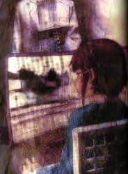 Rule 34 | 1990s (style), 1girl, 1other, abe yoshitoshi, absurdres, artbook, brown hair, hair ornament, hairclip, highres, iwakura lain, official art, retro artstyle, scan, serial experiments lain, sitting, solo, standing