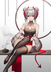 Rule 34 | 1girl, absurdres, arknights, arm strap, bare shoulders, black footwear, black thighhighs, blunt bangs, breasts, chinese commentary, cleavage cutout, clothing cutout, commentary request, corrupted metadata, demon tail, double bun, dress, earrings, feather boa, foot out of frame, gkd111, hair between eyes, hair bun, halter dress, halterneck, highres, horns, incense, jewelry, looking at viewer, medium breasts, nail polish, parted lips, pelvic curtain, red dress, red eyes, red nails, shoes, short hair, silver hair, sitting, sleeveless, sleeveless dress, smoke, solo, tail, thighhighs, w (arknights)