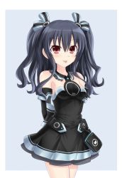Rule 34 | 1girl, :p, arms behind back, bare shoulders, black dress, black gloves, black hair, blush, commentary request, cowboy shot, dress, elbow gloves, gloves, hair between eyes, hair ribbon, highres, kazuneko (wktk1024), long hair, looking at viewer, neptune (series), red eyes, ribbon, solo, tongue, tongue out, two side up, uni (neptunia)