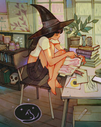 Rule 34 | 1girl, animal, artist logo, bare legs, black hair, black hat, book, book stack, bookmark, bookshelf, box, can, cat, chair, closed eyes, closed mouth, crop top, crossed ankles, dated, drawing, drawing (object), fantasy, flower pot, from side, full body, glass, hat, highres, holding, holding wand, indoors, jar, knees to chest, knees up, light particles, long hair, magic, midriff, on chair, original, paper, pet, plant, poster (object), potted plant, profile, scenery, shade, shiny skin, shirt, short sleeves, simz, sitting, sketchbook, skull, solo, sparkle, straight hair, table, tape, u u, wand, white shirt, witch, witch hat, wooden floor
