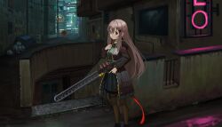 Rule 34 | 1girl, alley, breasts, commentary request, concept art, dress, expressionless, feet out of frame, gun, hair between eyes, hair ornament, hairclip, hin&#039;yari (kakukuru), holding, holding weapon, light brown hair, long hair, looking at viewer, marfusha, marfusha (marfusha), medium breasts, original, pantyhose, pleated dress, red eyes, rifle, sidelocks, solo, steampunk, trigger discipline, very long hair, weapon