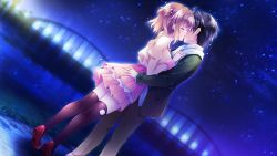 Rule 34 | 1boy, 1girl, black hair, black thighhighs, bridge, brown hair, closed eyes, coat, couple, game cg, glowing, golden marriage, hair bobbles, hair ornament, hand on another&#039;s chest, hand on another&#039;s neck, hetero, highres, kiss, long sleeves, night, night sky, pleated skirt, puffy long sleeves, puffy sleeves, river, scarf, short hair, skirt, sky, socks, star (sky), starry sky, tachibana nagisa, tange kasumi, thighhighs, tiptoes, twintails, two side up, zettai ryouiki