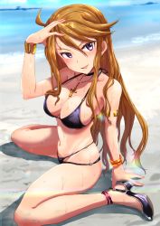 Rule 34 | 1girl, ahoge, arm support, arm up, armlet, bad id, bad pixiv id, bare arms, bare legs, bare shoulders, beach, bikini, black bikini, black choker, black footwear, blurry, blurry background, blush, bracelet, breasts, brown hair, choker, cleavage, collarbone, cross, cross necklace, day, depth of field, earrings, from above, full body, glint, groin, hair between eyes, halterneck, hand on own head, high heels, highres, idolmaster, idolmaster million live!, jewelry, leg ribbon, lens flare, light particles, long hair, looking at viewer, looking up, medium breasts, multi-strapped bikini, navel, necklace, ocean, outdoors, parted lips, pink ribbon, purple eyes, ribbon, run p (aveton), sand, sand on skin, shadow, sidelocks, sitting, smile, solo, star (symbol), star earrings, stomach, string bikini, swept bangs, swimsuit, thighs, tokoro megumi, tongue, tongue out, tsurime, very long hair, wariza, water, water drop, wet, wet hair
