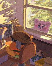 Rule 34 | against glass, blue eyes, blush stickers, brown headwear, chair, cheek squash, dappled sunlight, desk, evening, hat, highres, kirby, kirby (series), looking inside, miclot, nintendo, no humans, open mouth, paint can, paintbrush, pink footwear, scroll, shoes, sitting, sunlight, waddle dee, window
