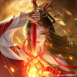Rule 34 | 1girl, absurdres, artist request, bare shoulders, cai lin (doupo cangqiong), closed mouth, covering own eyes, doupo cangqiong, dress, embers, fire, hair ornament, hand up, highres, holding, holding sword, holding weapon, long hair, red dress, red eyes, red nails, second-party source, smile, solo, sword, weapon, yanyuuxushi fengyouling