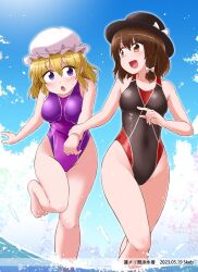 Rule 34 | 2girls, bare shoulders, black headwear, black one-piece swimsuit, blonde hair, blue eyes, blue sky, blush, bow, breasts, brown eyes, brown hair, commission, competition swimsuit, cowboy shot, dated, hair between eyes, hat, hat bow, holding hands, kousei (public planet), looking at another, maribel hearn, medium breasts, medium hair, mob cap, multiple girls, one-piece swimsuit, purple one-piece swimsuit, running, shy, skeb commission, sky, swimsuit, thighs, top hat, touhou, usami renko, white headwear, yuri