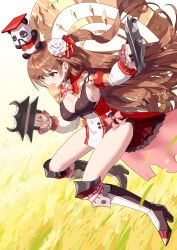 Rule 34 | 1girl, absurdres, animal, animal on head, bow, bowtie, breasts, brown hair, chengdu (oshiro project), chinese clothes, cleavage, commission, detached sleeves, fighting stance, flower, full body, hair flower, hair ornament, highres, holding, holding weapon, large breasts, long hair, on head, oshiro project:re, oshiro project:re, panda, pink bow, pink bowtie, pixiv commission, puffy sleeves, red eyes, solo, thighs, weapon, yagi2013