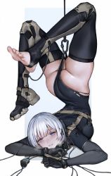 Rule 34 | 1girl, absurdres, ass, back, barefoot, black gloves, black thighhighs, blue nails, blush, breasts, girls&#039; frontline, gloves, grin, highres, iuui, leotard, looking at viewer, nail polish, purple eyes, resolution mismatch, rpk-16 (girls&#039; frontline), shoes, unworn shoes, short hair, silver hair, smile, soles, solo, source smaller, steam, sweat, thighhighs, torn clothes, torn leotard, upside-down, wedgie