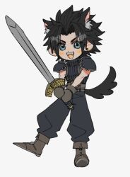 Rule 34 | 1boy, animal ears, armor, belt, black hair, black pants, black sweater, blue eyes, blush stickers, boots, brown belt, brown footwear, brown gloves, chibi, crisis core final fantasy vii, dog boy, dog ears, dog tail, earrings, fangs, final fantasy, final fantasy vii, full body, gloves, grey background, grin, holding, holding sword, holding weapon, jewelry, kemonomimi mode, looking at viewer, male focus, mtr dayoo, multiple belts, open mouth, pants, parted bangs, pauldrons, puffy pants, short hair, shoulder armor, single earring, sleeveless, sleeveless sweater, sleeveless turtleneck, smile, solo, spiked hair, standing, stud earrings, suspenders, sweater, sword, tail, toned, toned male, turtleneck, turtleneck sweater, weapon, zack fair
