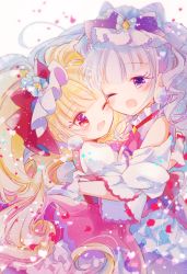 Rule 34 | 10s, 2girls, :d, aisaki emiru, anni (9675927), blonde hair, blunt bangs, blush, cheek-to-cheek, commentary request, cure amour, cure macherie, gloves, hair ornament, heads together, hug, hugtto! precure, light purple hair, long hair, magical girl, multiple girls, open mouth, petals, precure, purple eyes, red eyes, ruru amour, simple background, smile, white background, white gloves, yuri