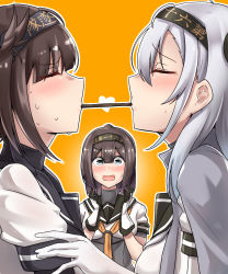 Rule 34 | 3girls, absurdres, ahoge, akizuki (kancolle), black headband, black sailor collar, blush, bodysuit, breasts, brown hair, closed eyes, closed mouth, clothes writing, commentary request, food, gloves, grey eyes, hachimaki, hair between eyes, hair flaps, hair ornament, hairband, hatsuzuki (kancolle), headband, heart, highres, kantai collection, kiritto, long hair, looking at another, medium breasts, mouth hold, multiple girls, neckerchief, open mouth, pocky, pocky kiss, ponytail, sailor collar, school uniform, serafuku, shared food, short hair, silver hair, standing, suzutsuki (kancolle), sweatdrop, white bodysuit, yuri