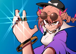 Rule 34 | 1girl, absurdres, bangle, blue gemstone, bow, bracelet, brown eyes, closed mouth, coat, commentary request, dress, drill hair, earrings, eyewear on head, gem, glint, gold, green gemstone, hat, hat bow, high collar, highres, jewelry, kduf, looking at viewer, multiple rings, necklace, orange hair, pendant, purple coat, red gemstone, ring, round eyewear, short hair, smile, solo, sunglasses, touhou, twin drills, upper body, v-shaped eyebrows, white dress, yorigami jo&#039;on