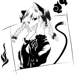 Rule 34 | 1girl, :3, :d, animal ear fluff, animal ears, bad id, bad twitter id, bow, braid, cat ears, cat tail, cropped torso, dress, greyscale, hair bow, hair ribbon, hand on own cheek, hand on own face, hand up, hanokami, highres, juliet sleeves, kaenbyou rin, long hair, long sleeves, looking at viewer, monochrome, neck ribbon, open mouth, puffy sleeves, ribbon, smile, solo, swept bangs, tail, touhou, tress ribbon, twin braids, twintails, upper body