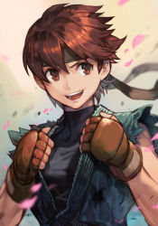Rule 34 | 1girl, alternate color, alternate costume, brown eyes, brown hair, capcom, dougi, evolution championship series, headband, hungry clicker, kasugano sakura, looking at viewer, official alternate costume, open mouth, petals, short hair, smile, solo, street fighter, street fighter v, tomboy, upper body
