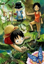 Rule 34 | 3boys, black hair, blonde hair, book, brothers, bug, butterfly, east blue, freckles, goggles, hat, highres, in tree, bug, jungle, lemur, male focus, monkey d. luffy, multiple boys, nature, one piece, open book, pole, portgas d. ace, reading, sabo (one piece), sandals, scar, shirt, shorts, siblings, smile, straw hat, t-shirt, tank top, tetuankyo, top hat, tree, weapon, aged down