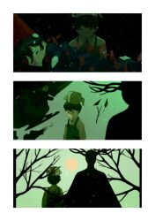 Rule 34 | 3boys, antlers, autumn leaves, bag, bare tree, black ribbon, facing away, full moon, green overalls, green theme, gregory (over the garden wall), highres, horns, male focus, moon, multiple boys, naruysae, over the garden wall, ribbon, shirt, short hair, shoulder bag, snow, snowing, teapot, the beast, tree, white shirt, wirt (over the garden wall)