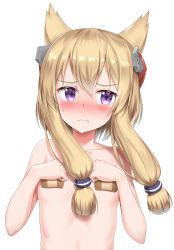 Rule 34 | 1girl, absurdres, animal ears, azur lane, bandaid, bandaids on nipples, blonde hair, blush, breasts, closed mouth, collarbone, hair between eyes, hands on own chest, head tilt, headgear, highres, long hair, looking to the side, nedia (nedia region), nose blush, nude, pasties, purple eyes, simple background, small breasts, solo, sweat, upper body, warspite (azur lane), wavy mouth, white background