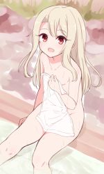Rule 34 | 1girl, :d, blonde hair, blush, body blush, breasts, chawan (yultutari), collarbone, commentary request, covering privates, fate/kaleid liner prisma illya, fate (series), hand on own chest, highres, illyasviel von einzbern, long hair, looking at viewer, nude cover, open mouth, red eyes, see-through silhouette, sidelocks, sitting, small breasts, smile, soaking feet, solo, tongue, towel, wet, white towel