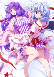 Rule 34 | 2girls, barefoot, bat wings, blue hair, coat, dress, eichi yuu, feet out of frame, frilled dress, frills, highres, light blue hair, long hair, multiple girls, no headwear, open mouth, pajamas, patchouli knowledge, pink coat, pink pajamas, pink shirt, pink skirt, purple eyes, purple hair, purple pajamas, red eyes, remilia scarlet, removing coat, removing shoes, shirt, short hair, skirt, smile, striped clothes, striped dress, thighs, toes, touhou, vertical-striped clothes, vertical-striped dress, very long hair, wings