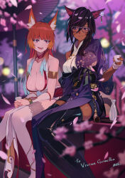 Rule 34 | 2girls, absurdres, animal ears, armlet, bandaged hand, bandages, black hair, boots, bracelet, breasts, cat ears, cat tail, cherry blossoms, choker, cleavage, dark-skinned female, dark skin, facial mark, final fantasy, final fantasy xiv, glasses, hair between eyes, highres, ibaraki shun, japanese clothes, jewelry, kimono, large breasts, long hair, miqo&#039;te, multicolored hair, multiple girls, obi, oil-paper umbrella, pelvic curtain, petals, purple hair, red choker, red eyes, red hair, sash, sitting, streaked hair, tail, thigh boots, umbrella, warrior of light (ff14), whisker markings, white hair, wind