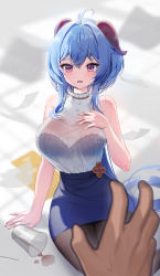 Rule 34 | 1girl, ahoge, bare arms, bare shoulders, black bra, blue hair, blue skirt, bra, bra visible through clothes, breasts, brown pantyhose, ganyu (genshin impact), genshin impact, goat horns, hand on own chest, highres, horns, hyoin, large breasts, long hair, looking at viewer, miniskirt, open mouth, pantyhose, pencil skirt, pink eyes, ribbed shirt, see-through, shirt, shirt tucked in, sitting, skirt, sleeveless, sleeveless shirt, solo, sweatdrop, underwear, very long hair, wet, wet clothes, wet shirt, white shirt