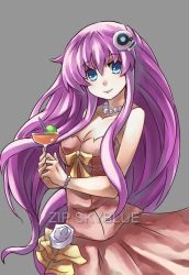 Rule 34 | 10s, 1girl, absurdres, blue eyes, bracelet, breasts, cleavage, cup, dress, drink, drinking glass, female focus, glass, grey background, hair ornament, highres, holding, holding cup, holding drinking glass, jewelry, lips, long hair, necklace, nepgear, neptune (series), orange dress, pearl bracelet, pearl necklace, pink hair, purple hair, purple sister, smile, solo, zipskyblue