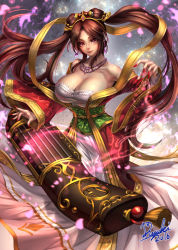Rule 34 | 10s, 1girl, 2016, artist name, bare shoulders, breasts, brown eyes, brown hair, cleavage, closed mouth, detached sleeves, earrings, fingernails, guqin sona, head tilt, huge breasts, jewelry, large breasts, league of legends, long fingernails, long hair, long sleeves, looking at viewer, low neckline, nail polish, necklace, off shoulder, red nails, ryuki@maguro-ex, sharp fingernails, signature, solo, sona (league of legends), standing, twintails, veins, veiny breasts, very long hair, wide sleeves
