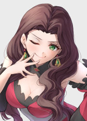 Rule 34 | 1girl, ;), bare shoulders, breasts, brown hair, cleavage, commentary request, detached sleeves, dorothea arnault, dress, earrings, fire emblem, fire emblem: three houses, forehead, green eyes, grey background, head tilt, jewelry, large breasts, long hair, looking at viewer, nintendo, one eye closed, pink dress, simple background, smile, solo, ten (tenchan man), upper body, very long hair