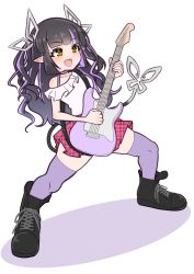 Rule 34 | 1girl, nanashi inc., alternate costume, black footwear, black hair, blunt bangs, blush, boots, breasts, commentary request, demon girl, demon horns, demon tail, electric guitar, full body, grey background, guitar, highres, holding, holding instrument, horns, instrument, kojo anna, long hair, looking afar, medium breasts, multicolored hair, music, open mouth, plaid, plaid skirt, playing instrument, pointy ears, purple hair, purple thighhighs, red skirt, robou no stone, shirt, simple background, single bare shoulder, skirt, smile, solo, standing, sugar lyric, tail, thighhighs, two-tone hair, virtual youtuber, white shirt, yellow eyes
