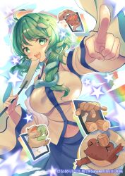 Rule 34 | 1girl, ahoge, animal, bare shoulders, blue skirt, blush, breasts, detached sleeves, frog, frog hair ornament, gohei, green eyes, green hair, hair ornament, highres, holding, japanese clothes, kochiya sanae, large breasts, long hair, navel, nontraditional miko, open mouth, pointing, round teeth, sekisei (superego51), skirt, smile, snake, snake hair ornament, solo, star (symbol), teeth, touhou, upper teeth only, white sleeves, wide sleeves