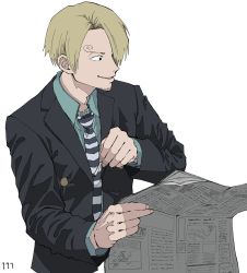 Rule 34 | 1boy, blonde hair, cigarette, formal, hair over one eye, highres, holding, holding cigarette, holding newspaper, long sleeves, male focus, necktie, newspaper, one piece, sanji (one piece), smile, solo, suit, ufkqz, white background