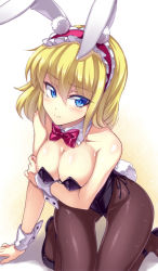 Rule 34 | 1girl, alice margatroid, animal ears, arm support, bare shoulders, black footwear, black pantyhose, blonde hair, blue eyes, blush, bow, bowtie, breast hold, breasts, breasts squeezed together, buttons, cleavage, detached collar, fake animal ears, frills, hairband, headband, holding own arm, knees together feet apart, large breasts, leaning forward, legs together, leotard, looking away, pantyhose, playboy bunny, rabbit ears, rabbit tail, ribbon, shoes, short hair, simple background, solo, tail, thigh gap, touhou, touya (the-moon), wavy mouth, white background, wrist cuffs
