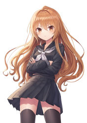 Rule 34 | 1girl, aisaka taiga, black sailor collar, black serafuku, black shirt, black skirt, black thighhighs, blush, breasts, brown eyes, brown hair, closed mouth, commentary, commentary request, cowboy shot, crossed arms, hair between eyes, highres, long hair, long sleeves, looking at viewer, miniskirt, pleated skirt, revision, sailor collar, school uniform, serafuku, seungju lee, shirt, simple background, skirt, sleeves past wrists, solo, standing, symbol-only commentary, thighhighs, toradora!, v-shaped eyebrows, white background, zettai ryouiki