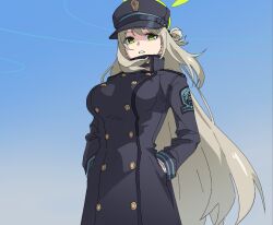 Rule 34 | 1girl, black hat, blue archive, blue background, breasts, brown hair, cosplay, gradient background, green eyes, green halo, halo, hands in pockets, hat, highres, large breasts, long hair, long sleeves, looking at viewer, military uniform, momomatang, nonomi (blue archive), parted lips, solo, suou (blue archive), suou (blue archive) (cosplay), uniform, very long hair